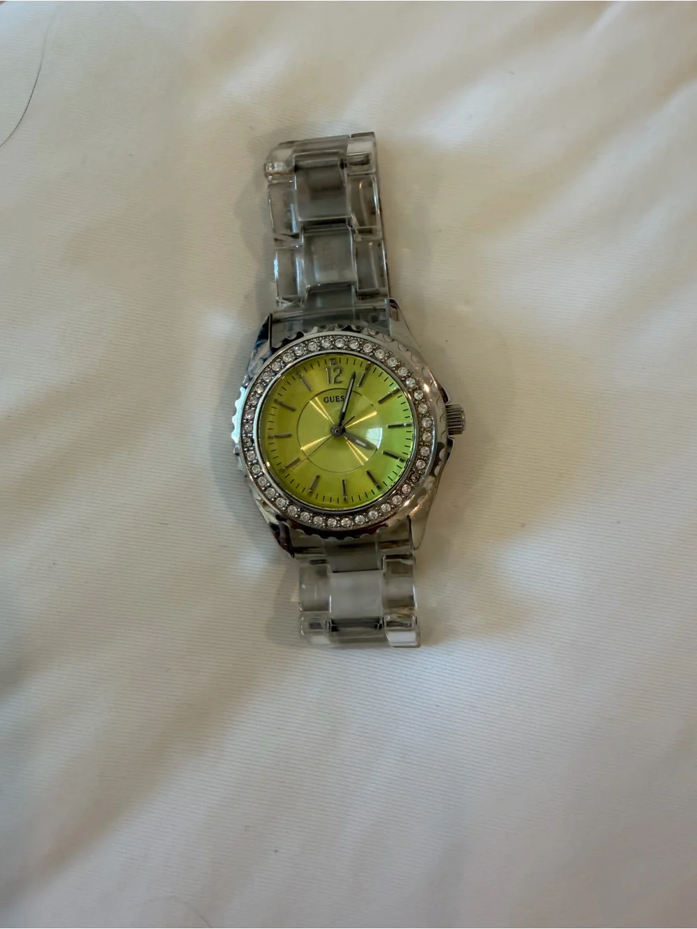 GUESS Clear Bracelet Watch with Lime Green Dial and Crystal Bezel